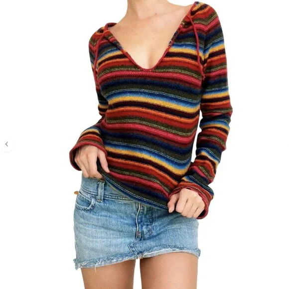 Vintage Abercrombie Stripe Tie Neck Sweater Flare Sleeve Cotton Wool Y2K Size L - Picture 2 of 14